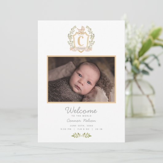 Baby Carriage Monogram C | Neutrale geboorte Aankondiging (Staand voorkant)