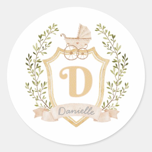 Baby Carriage Monogram D | Neutraal Ronde Sticker (Voorkant)