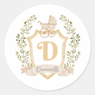 Baby Carriage Monogram D Neutraal Ronde Sticker