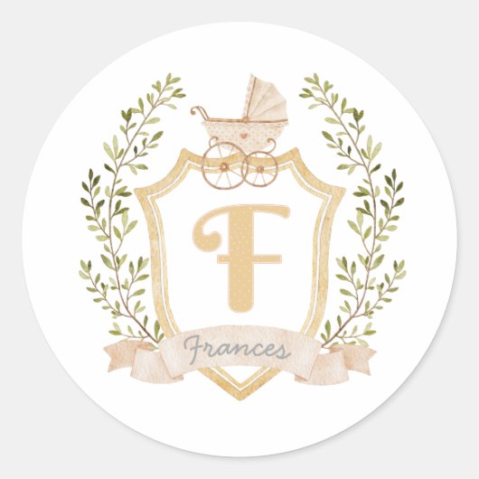 Baby Carriage Monogram F | Neutraal Ronde Sticker (Voorkant)