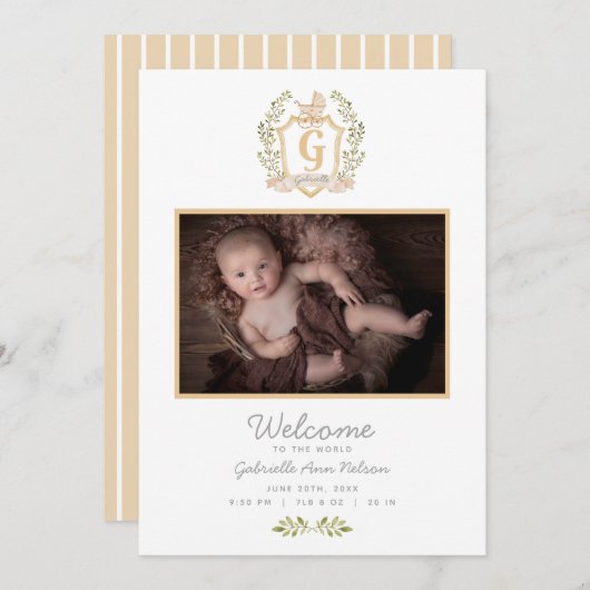 Baby Carriage Monogram G | Neutrale geboorte Aankondiging (Voorkant / Achterkant)