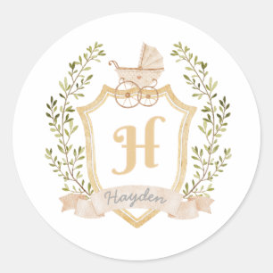 Baby Carriage Monogram H Neutraal Ronde Sticker