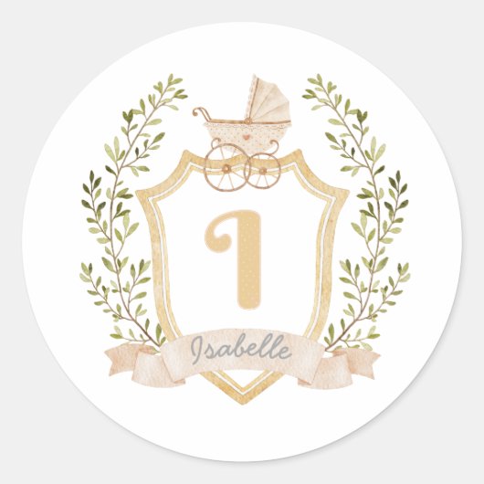 Baby Carriage Monogram I | Neutraal Ronde Sticker (Voorkant)