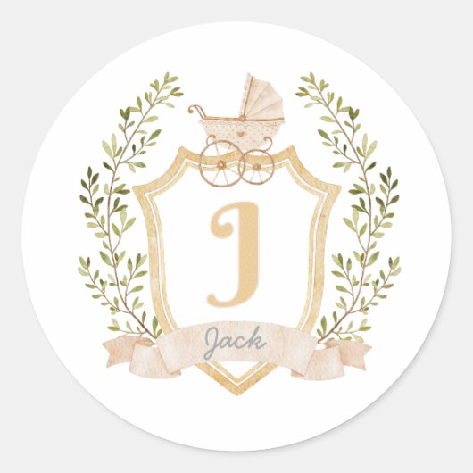 Baby Carriage Monogram J | Neutraal Ronde Sticker (Voorkant)