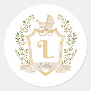 Baby Carriage Monogram L Neutraal Ronde Sticker