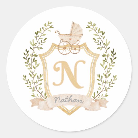 Baby Carriage Monogram N | Neutraal Ronde Sticker (Voorkant)