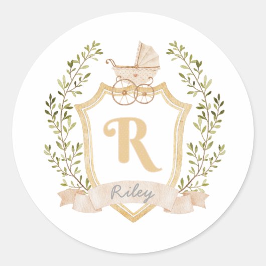 Baby Carriage Monogram R | Neutraal Ronde Sticker (Voorkant)