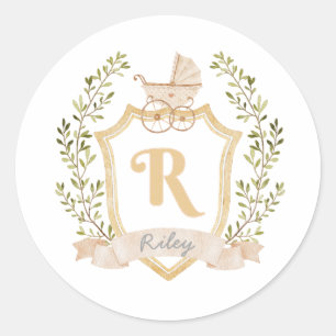 Baby Carriage Monogram R Neutraal Ronde Sticker