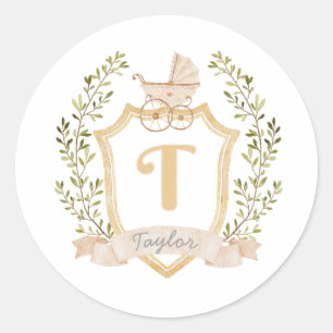 Baby Carriage Monogram T Neutraal Ronde Sticker