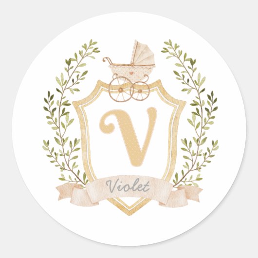 Baby Carriage Monogram V | Neutraal Ronde Sticker (Voorkant)