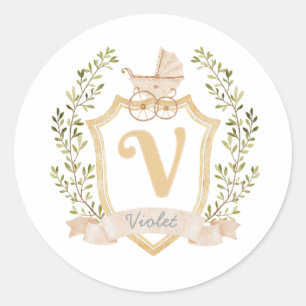 Baby Carriage Monogram V Neutraal Ronde Sticker