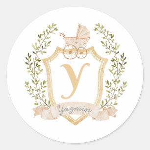 Baby Carriage Monogram Y   Neutraal Ronde Sticker
