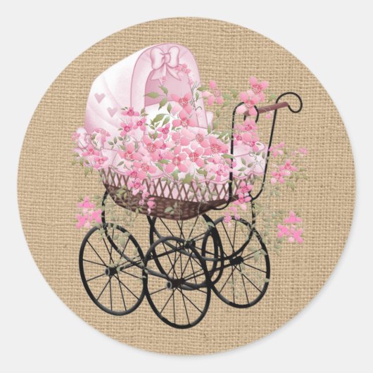 Baby Carriage op Faux Burlap Ronde Sticker (Voorkant)