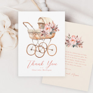  Baby Carriage Pink Floral Baby shower Bedankkaart