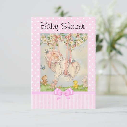 Baby Carriage Roze en Wit Uitnodiging (Staand voorkant)