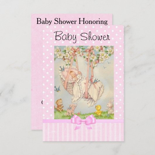  Baby Carriage Roze en Wit Uitnodiging (Voorkant / Achterkant)