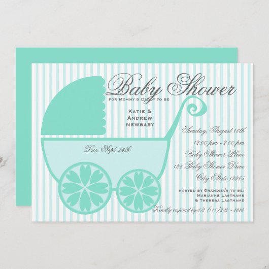 Baby Carriage Shower Turquoise en grijs Kaart (Voorkant / Achterkant)