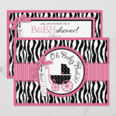 Baby Carriage, Zebra Print & Hot Pink Baby shower Kaart (Voorkant / Achterkant)