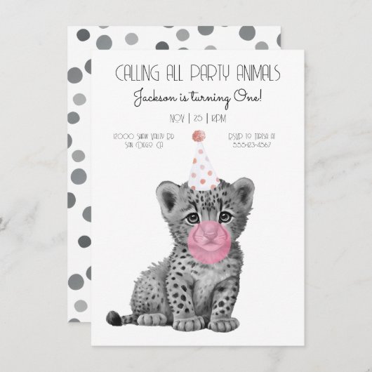 Baby cheetah black and white Birthday Invitation Kaart (Voorkant / Achterkant)