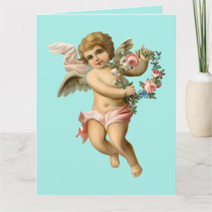  Baby Cherub met bloemen Kaart