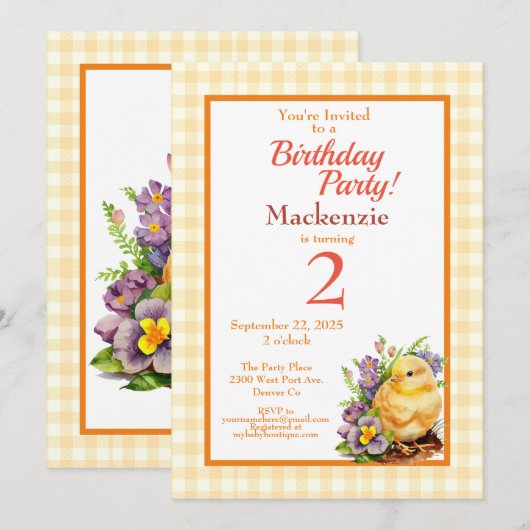 Baby Chick Geel Verjaardagsfeestje Kaart (Voorkant / Achterkant)