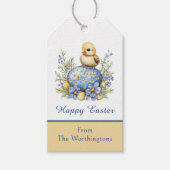 Baby Chick Happy Easter Egg Blue Yellow Flowers Cadeaulabel (Voorkant)