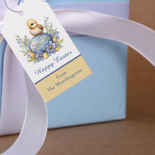 Baby Chick Happy Easter Egg Blue Yellow Flowers Cadeaulabel