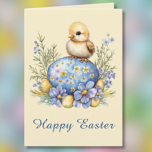 Baby Chick Happy Easter Egg Blue Yellow Flowers Kaart