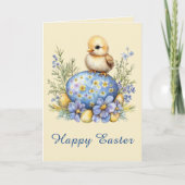 Baby Chick Happy Easter Egg Blue Yellow Flowers Kaart (Voorkant)