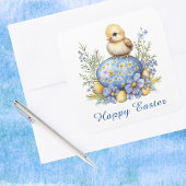 Baby Chick Happy Easter Egg Blue Yellow Flowers Vierkante Sticker