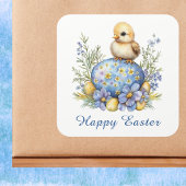 Baby Chick Happy Easter Egg Blue Yellow Flowers Vierkante Sticker