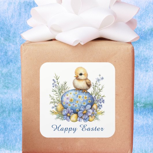 Baby Chick Happy Easter Egg Blue Yellow Flowers Vierkante Sticker