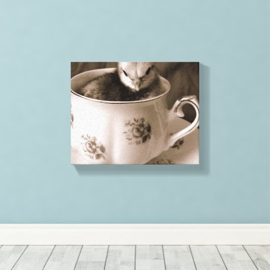 Baby Chick in een Teacup Canvas Afdruk (Insitu (Houten vloer))