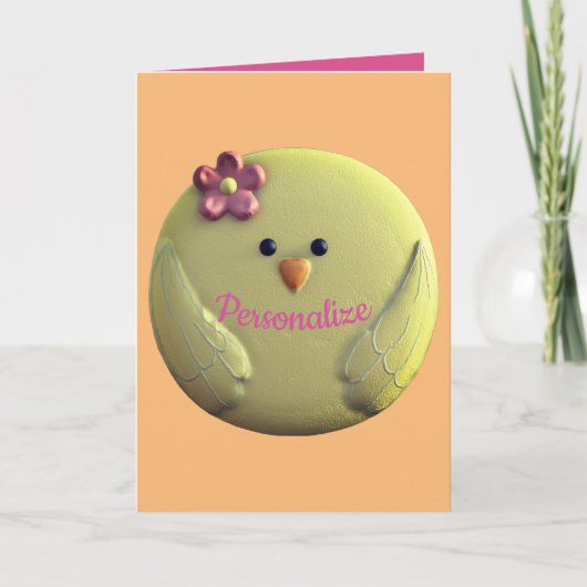 Baby chick schatgele en roze girale veer kaart (Voorkant)