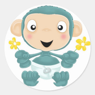 baby chimp met bloemen ronde sticker