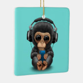 Baby chimp met hoofdtelefoon en mobiele telefoon keramisch ornament (Rechts)