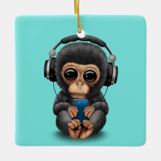 Baby chimp met hoofdtelefoon en mobiele telefoon keramisch ornament (Voorkant)