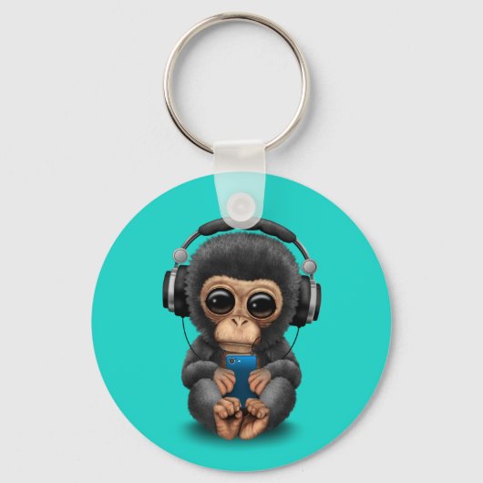 Baby chimp met hoofdtelefoon en mobiele telefoon sleutelhanger (Voorkant)