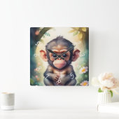 Baby Chimpansee Kraam Waterverf Vierkante Klok (Huis)
