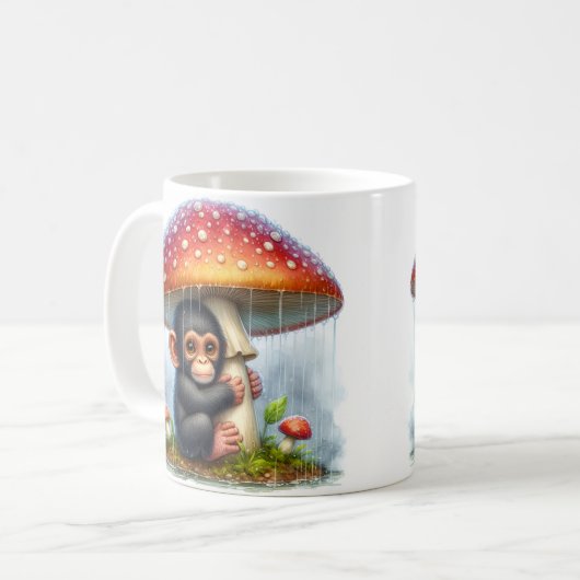 Baby chimpansee onder paddenstoelenparaplu koffiemok (Voorkant links)