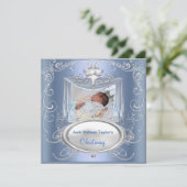 Baby Christening Baptism Boy Blue Silver Cross Aankondiging (Staand voorkant)