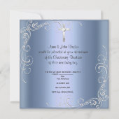 Baby Christening Baptism Boy Blue Silver Cross Aankondiging (Achterkant)