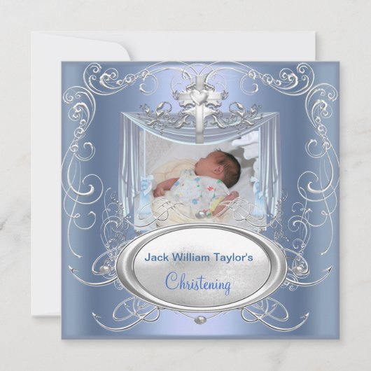 Baby Christening Baptism Boy Blue Silver Cross Aankondiging (Voorkant)