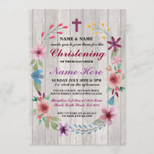 Baby Christening Baptism Floral Cross Wood Invite