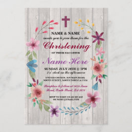 Baby Christening Baptism Floral Cross Wood Invite Kaart