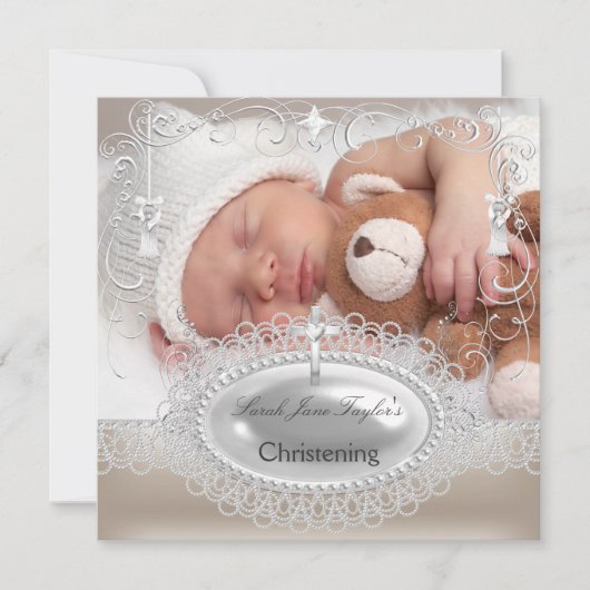 Baby Christening Baptism Girl Boy Silver Cross Aankondiging (Voorkant)