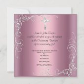 Baby Christening Baptism Girl Pink Silver Cross Aankondiging (Achterkant)