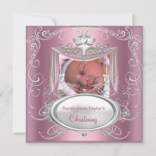 Baby Christening Baptism Girl Pink Silver Cross Aankondiging (Voorkant)