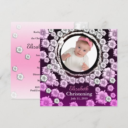 Baby Christening Uitnodiging Roze Bloem (Voorkant / Achterkant)