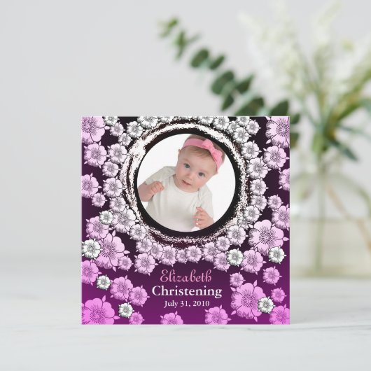 Baby Christening Uitnodiging Roze Bloem (Staand voorkant)